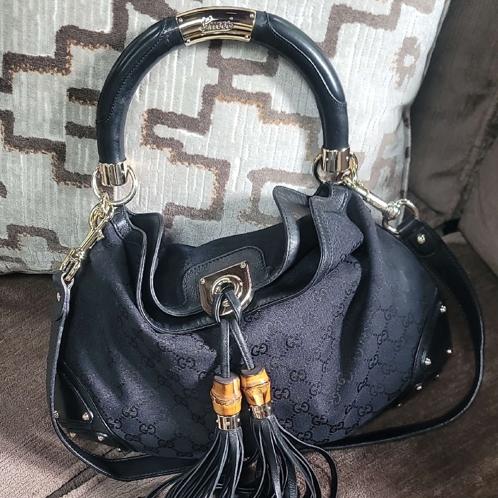 Gucci Black and Gold Shoulder Bag with Tassel Detail